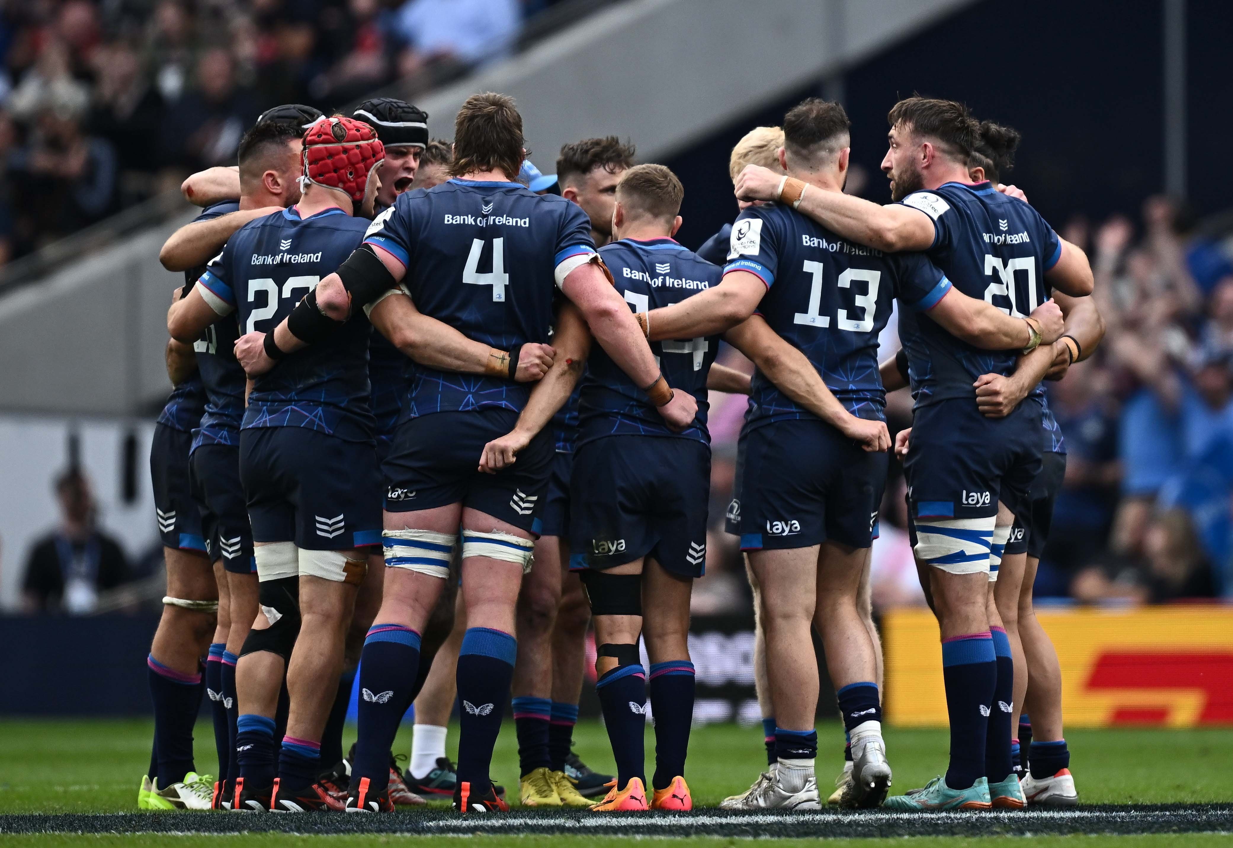 The Leinster team huddles during the Champions Cup final yesterday