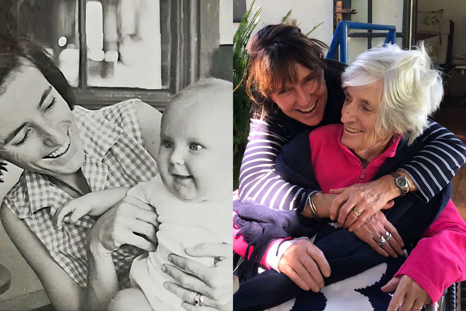 Anthea Rowan with her mother in Kenya, 1966. Right: her mother’s 82nd birthday, Tanzania, June 2023