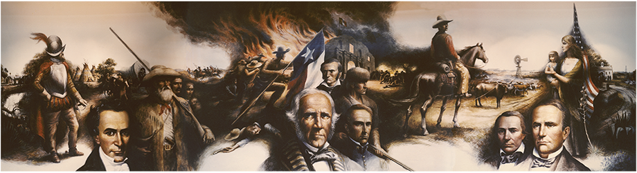 A photograph of the mural painted in the lobby of the Lorenzo de Zavala State Library and Archives Building in Austin, Texas. Image: “Texas Moves Toward Statehood” by Peter Rogers and Peter Hurd