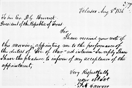 Message to President Burnet from Sawyer. 2-1/34, Texas Secretary of State executive record books. Archives and Information Services Division, Texas State Library and Archives Commission