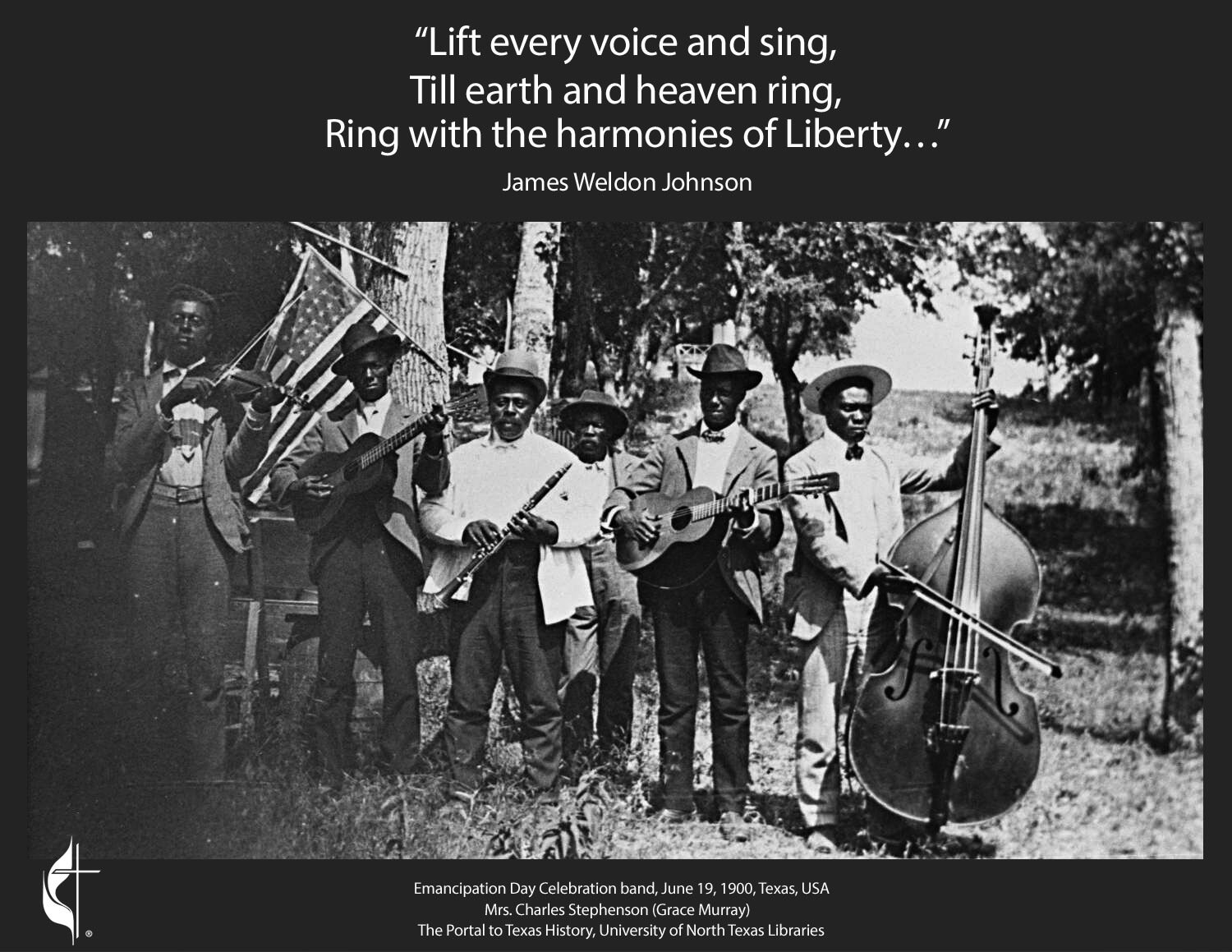 Emancipation Day Celebration band, June 19, 1900, Texas, USA. The Portal to Texas History, University of North Texas Libraries. Mrs. Charles Stephenson (Grace Murray). Graphic by UM News.