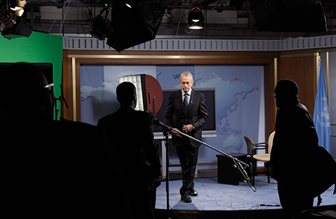 Michael Douglas recording a message of solidarity with the people of Japan in the wake of the massive earthquake and tsunami that hit the country in March 2011. UN Photo/Evan Schneider