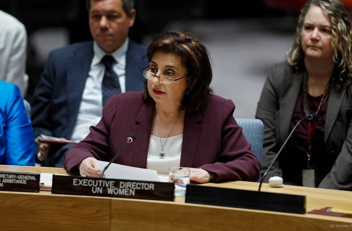 UN Women Executive Director Sima Bahous addresses the UN Security Council meeting on Afghanistan at UN Headquarters on 18 September 2024. Photo: UN Women/Ryan Brown.