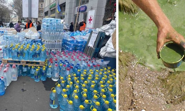 Water = Life: Bottled water collected by volunteers for citizens of Mykolaiv; algae blooming in ponds.