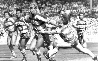 Mike Gregory takes on the Wigan defence during the 1990 Challenge Cup Final
