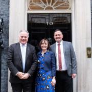 Simon Baynes MP with Caroline Tudor-James and Ian Pope outside 10 Downing Street on Tuesday April 24.