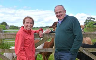 COPYRIGHT Mike Sheridan - Helen Morgan and Ed Davey during a Liberal Democrat campaign visit to an alpaca farm near Clive, Shropshire on Thursday, June 27, 2024. (Mike Sheridan/LDRS).