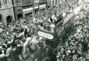 Oxford United fans celebrate promotion at the town hall in 1985