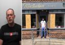 Mustachio's barber's shop and its owner after the attack and (left) thug Patrick Hall