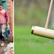 Work underway at York Croquet Club (left) and a croquet mallet