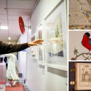 Main image: the hospital corridor exhibition of photographs of York Minster treasures. Inset: some of the objects photographed by York St John students