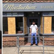 Mustachio's barber's shop and its owner after the attack and (left) thug Patrick Hall