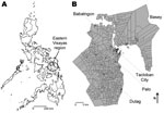 Thumbnail of Geographic distribution of residences of patients in whom enterovirus 68 was detected in the Philippines, May 2008–May 2009. A) Eastern Visayas Region in the Philippines; B) expanded Eastern Visayas Region. Address information was obtained from parents of the children. Locations for 6 patients were unknown.