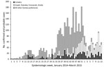 Thumbnail of Ebola virus disease cases in Conakry, the capital city; 4 surrounding prefectures; and all remaining prefectures, Guinea, January 1, 2014–March 29, 2015. Data were obtained from the Guinea Ministry of Health national case database (Epi Info Viral Hemorrhagic Fever Application). Epidemiologic week 52 ended on December 27, 2014.