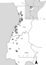 Thumbnail of Residence locations of confirmed and probable human plague cases, by district, West Nile region, Uganda, 2008–2016. Inset shows location of Uganda in Africa.