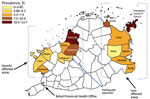 Thumbnail of Prevalence of tuberculin skin test positivity by municipality obtained in study of tuberculosis in children in areas affected by 2013 natural disasters, Bohol, Philippines, 2016–2018. Epicenter of 2013 earthquake is indicated.