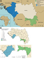 Study sites and Lassa fever virus (LASV) seropositivity for study of influence of landscape patterns on exposure to LASV, Guinea. A) Map of West Africa and Guinea showing coastal and forested sites for the study. Inset shows location of Guinea in Africa. B) LASV-specific IgG seropositivity (%) by village across the coastal and forested sites.