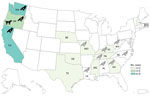 Geographic locations of human Salmonella Typhimurium cases in the United States, 2020–2021. Colored shading indicates number of cases by state; black bird icons indicate states that detected the outbreak strain of Salmonella Typhimurium from wild birds (within 0–12 allele differences based on core genome multilocus sequence typing). One isolate was obtained from a dog’s mouth wound at a veterinary hospital in Oregon (dog icon) and matched the outbreak strain. Numbers of genetically related isolates obtained from wild birds are indicated within animal icons. Salmonella Typhimurium was also detected in wild birds as part of the Southeastern Cooperative Wildlife Disease Study at the University of Georgia (gray bird icons); those isolates were serotyped at the National Veterinary Services Laboratory (30), but whole-genome sequencing was not performed to confirm relatedness to the outbreak strain.