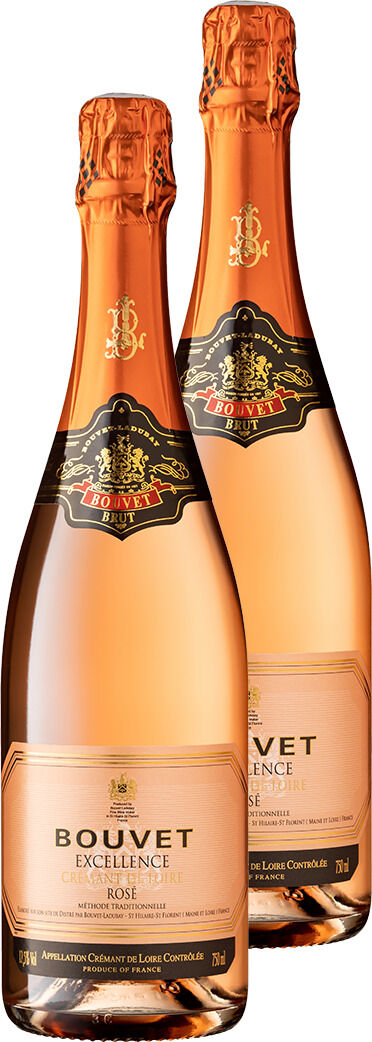 Zwei Flaschen Crémant de Loire Rosé von Bouvet Ladubay, Sonderedition, mit elegantem Etikett und goldenen Details.