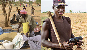 Photograph of farmers trading or selling goods in an arid landscape.