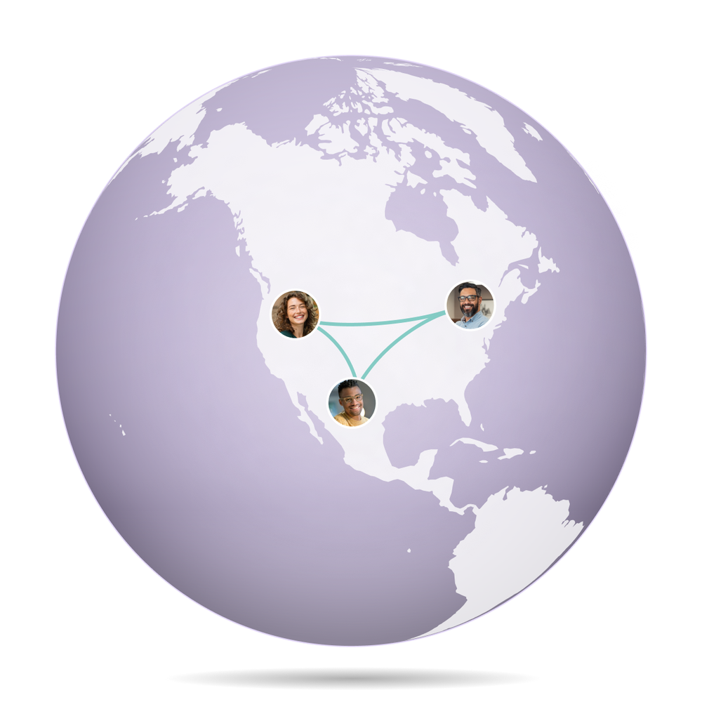 Image of a globe with pins of people's faces in the United States and Canada. There is a line connecting each user symbolizing the ability to connect with others across North America