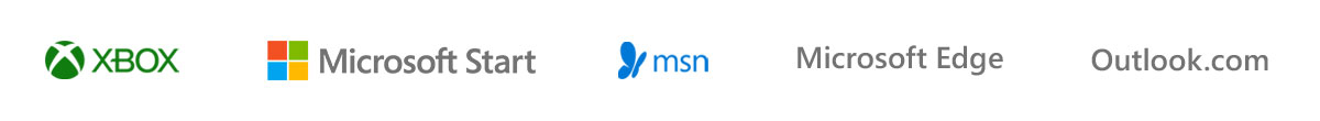 Xbox、Microsoft Start、MSN、Microsoft Edge、Outlook.com のブランド ロゴ