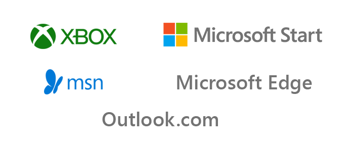 Xbox、Microsoft start、MSN、Microsoft Edge、Outlook.com のブランド ロゴ