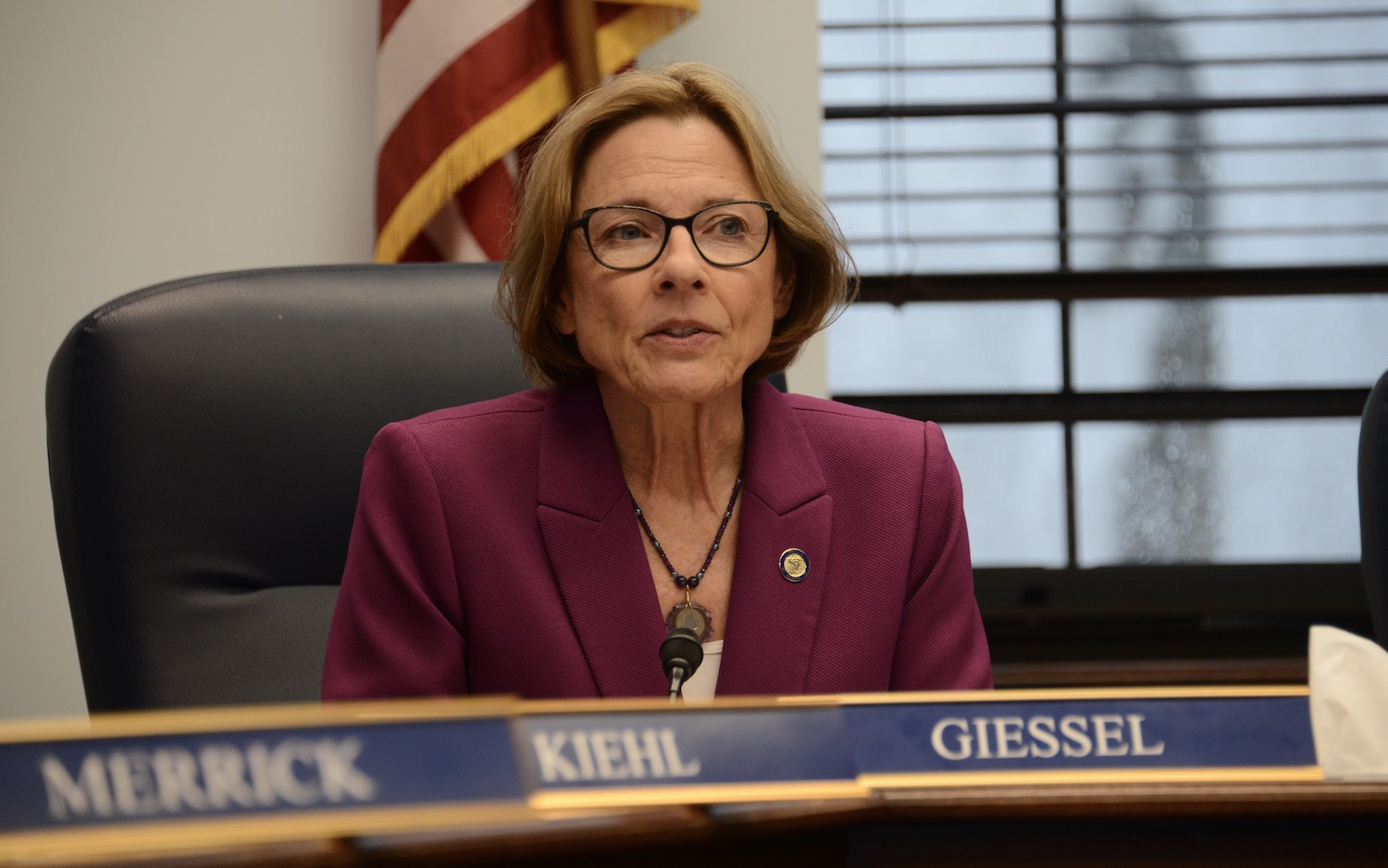 Sen. Cathy Giessel, R-Anchorage, speaks about Senate Bill 88, the Senate majority's new public employee pension proposal, on Wednesday, March 1, 2023. (Photo by James Brooks/Alaska Beacon)