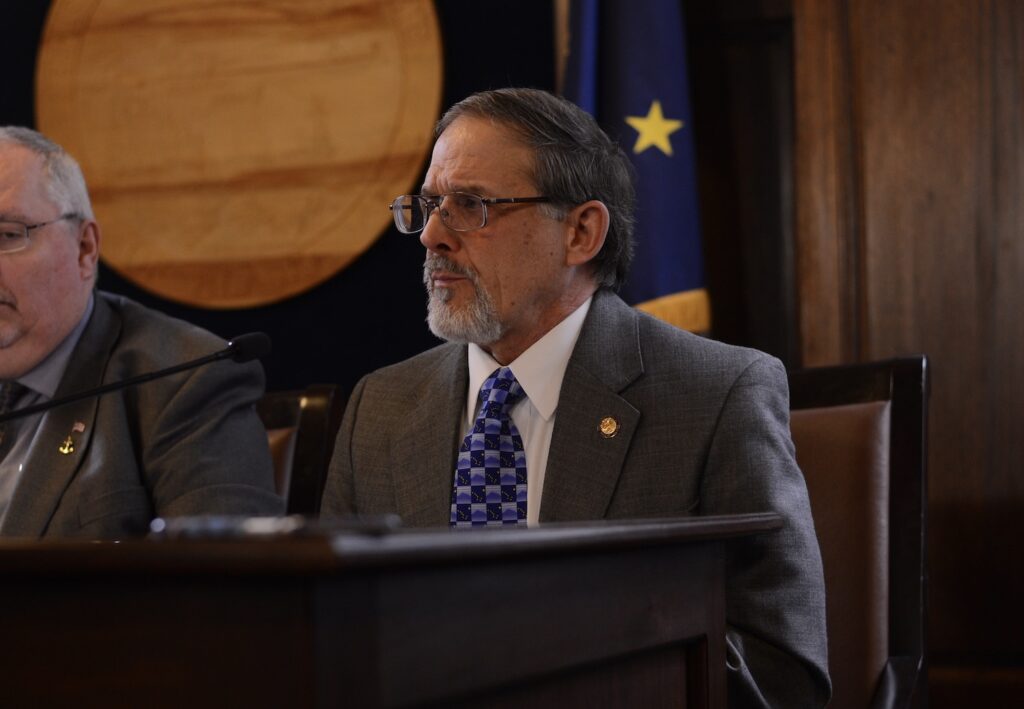 Rep. George Rauscher, R-Sutton, speaks during a news conference on Tuesday, March 28, 2023, at the Alaska State Capitol. (Photo by James Brooks/Alaska Beacon)