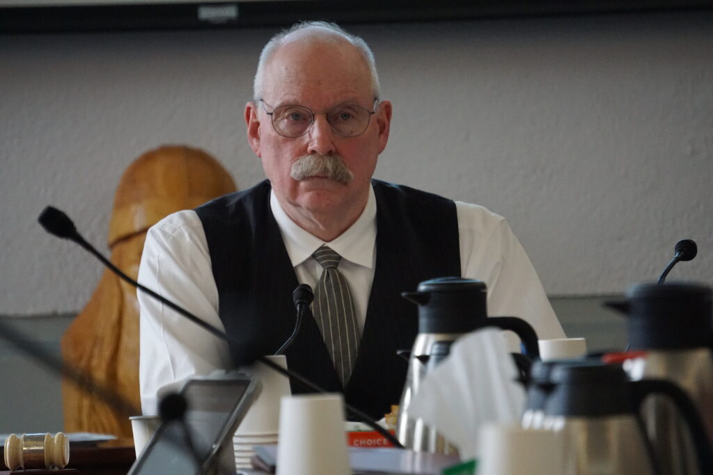 Sen. Bert Stedman chairs a Senate Finance Committee meeting on in 2023 in which the Senate's version of the state budget was released. (Photo by Yereth Rosen/Alaska Beacon)