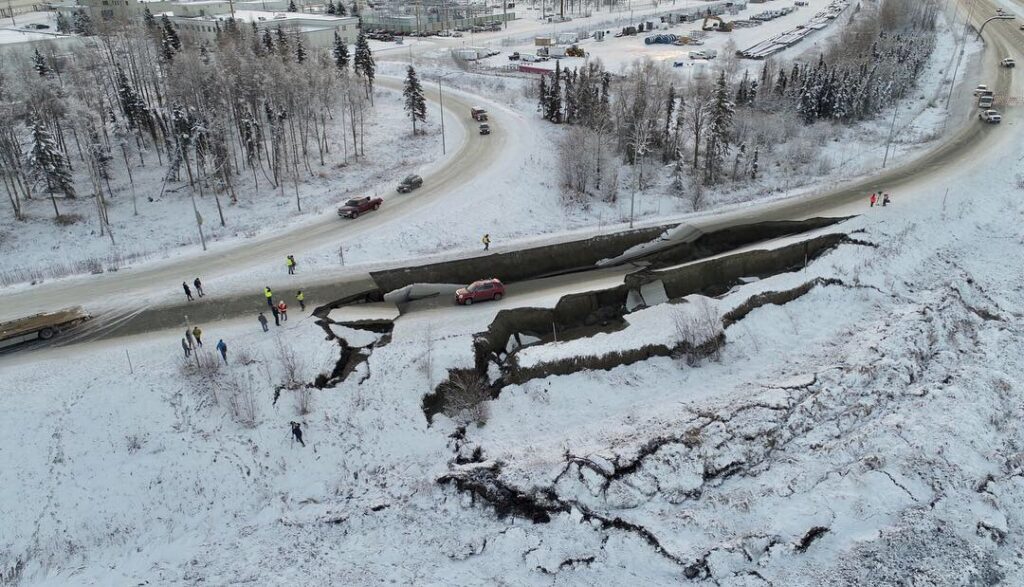 Damage to Anchorage's Minnesota Drive from 2018 earthquake is seen from the air. The 7.1-magnitude earthquake struck on Nov. 30 of that year. (Photo by Alaska Aerial Media provided by the Alaska Department of Transportation and Public Facilities)