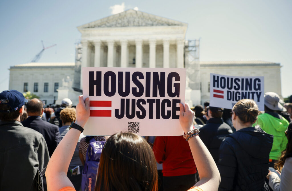 Homeless rights activists hold a rally outside of the U.S. Supreme Court on April 22, 2024, in Washington, D.C. (Photo by Kevin Dietsch/Getty Images)
