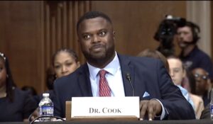Dr. Samuel Cook, a resident at Morehouse School of Medicine in Atlanta, Georgia, testified before the U.S. Senate Committee on Health, Education, Labor and Pensions on May 2, 2024, about the need for more support for HBCU schools of medicine. (Screenshot from U.S. Senate webcast)
