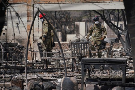 Search and rescue Soldiers and Airmen attached to Hawaii National Guard CERF-P unit conduct search and recovery efforts to assist in the Lahaina wildfire response, Maui, Hawaii, Aug. 10, 2023. Guardsmen mobilized after the wildfire, assisting in the sweep of the affected area before access can be restored.