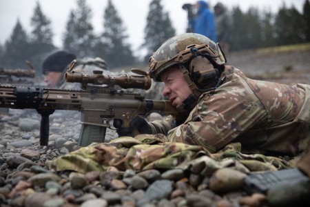 U.S. Army Ranger Sgt. 1st Class Tylor Anderson, an infantry platoon sergeant with Alpha Company, 1st Battalion, 161st Infantry Regiment, 81st Stryker Brigade Combat Team Washington National Guard, shoots his M110A1 Squad Designated Marksman Rifle (SDMR) during a new weapons fielding training event at Joint Base Lewis-McChord, Wash., Jan. 17, 2024. The live-fire exercise is to familiarize Soldiers with new weapon systems being introduced to the 81st Stryker Brigade Combat Team and 96th Troop Command. 