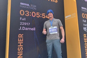 Lt. Col. Justin Darnell, commander, Army Field Support Battalion-Korea, completes Seoul Marathon
