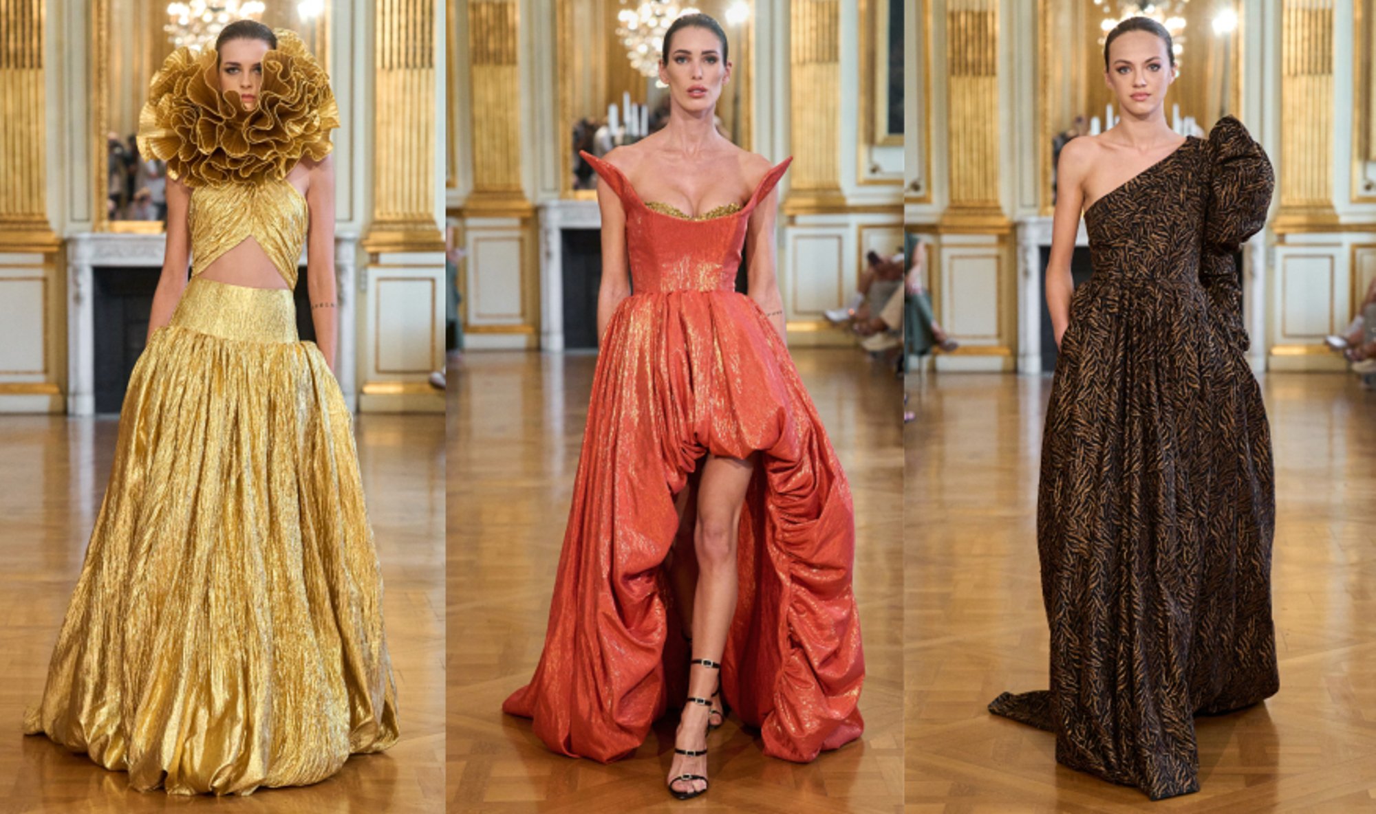 2024 metų žiemos suknelių kolekcijoje Paryžiuje – aukso spalvos ir prabanga