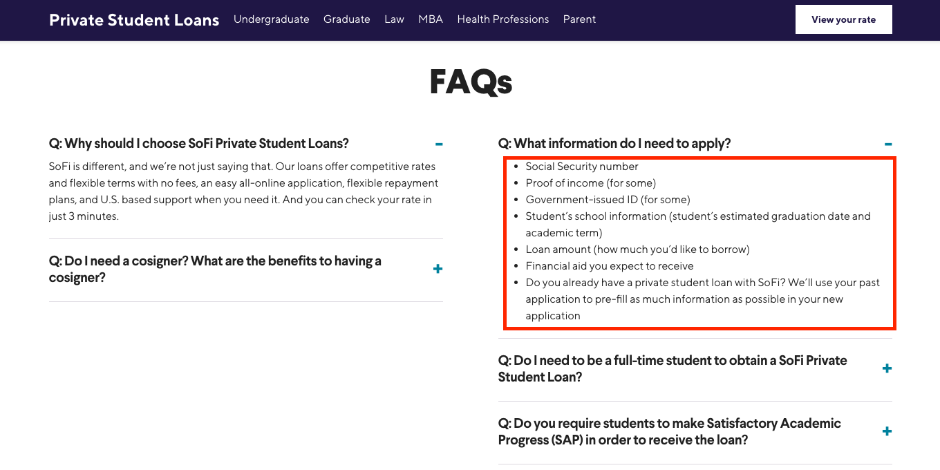 SoFi FAQs on customer data collection.