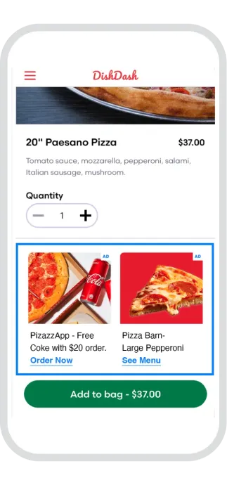 Add-to-cart page of a food app displaying a 20" Paesano Pizza with quantity options and a promotion for a free Coke.