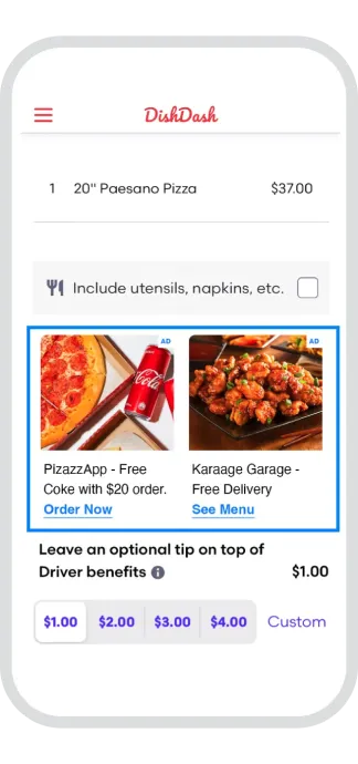 Category detail page in a food ordering app showing a 20" Paesano Pizza with options to include utensils.