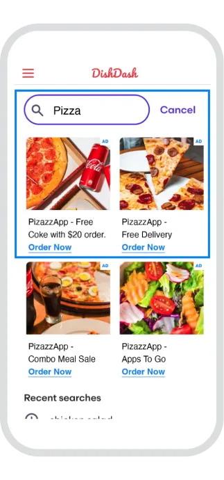 Search screen of a food delivery app with a search bar, recent searches, and promotional banners for pizza.
