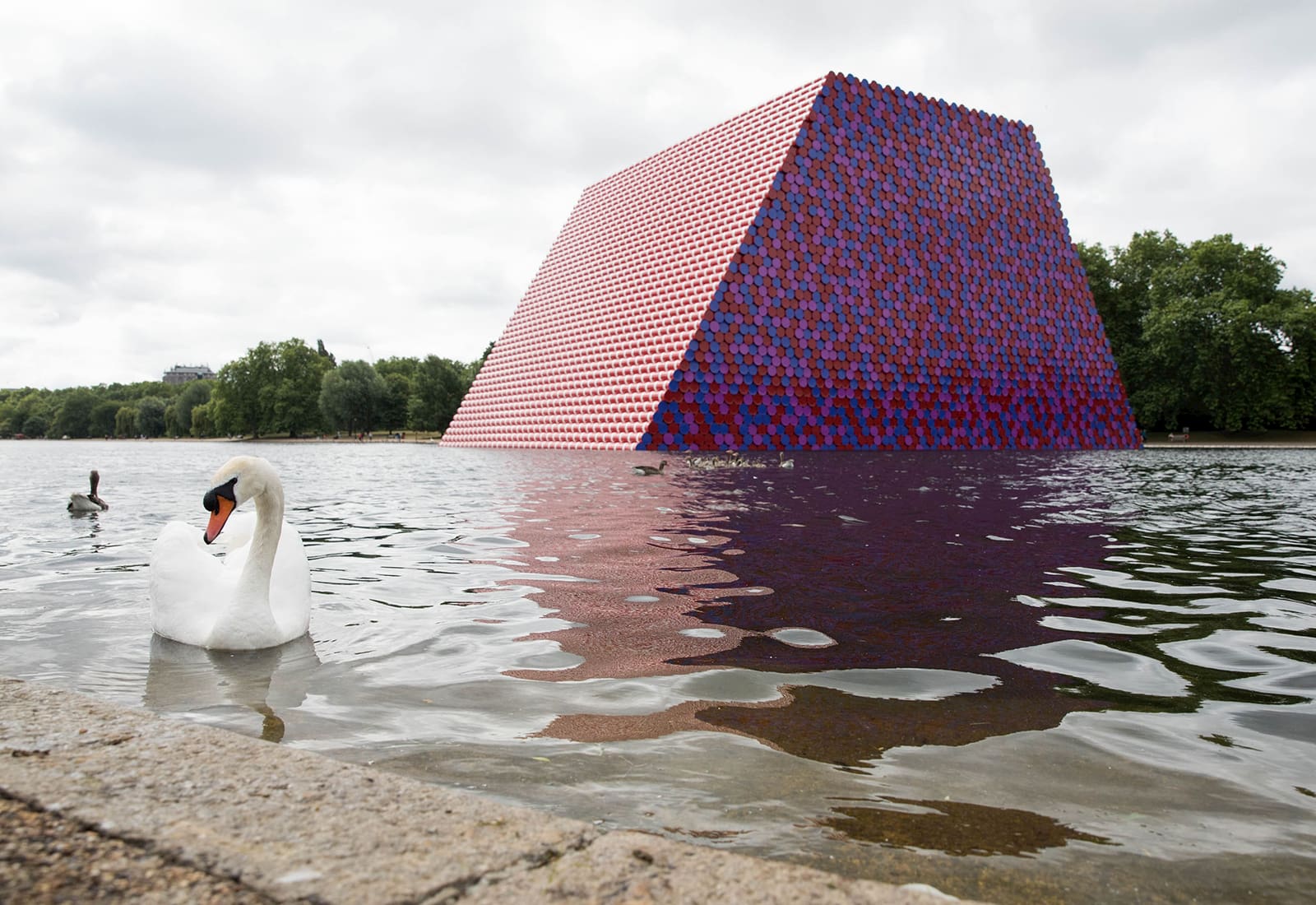 Christo's temporary sculpture in Hyde Park, London, "The London Mastaba," located in Serpentine Lake, Hyde Park during summer of 2018.