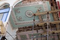 A picture taken in August 2020 shows scaffolding supporting the fractured ceiling of a traditional Lebanese house, in the aftermath of the monster explosion at the port of Beirut. 