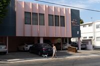 A pedestrian walks a dog past The Pink Flamingo dingbat apartment building. From the San Fernando Valley to Culver City to La Cienega Heights, developers in the 1950s and ‘60s replaced thousands of older Los Angeles buildings with economical two- or three-story apartment complexes, known locally as dingbats.