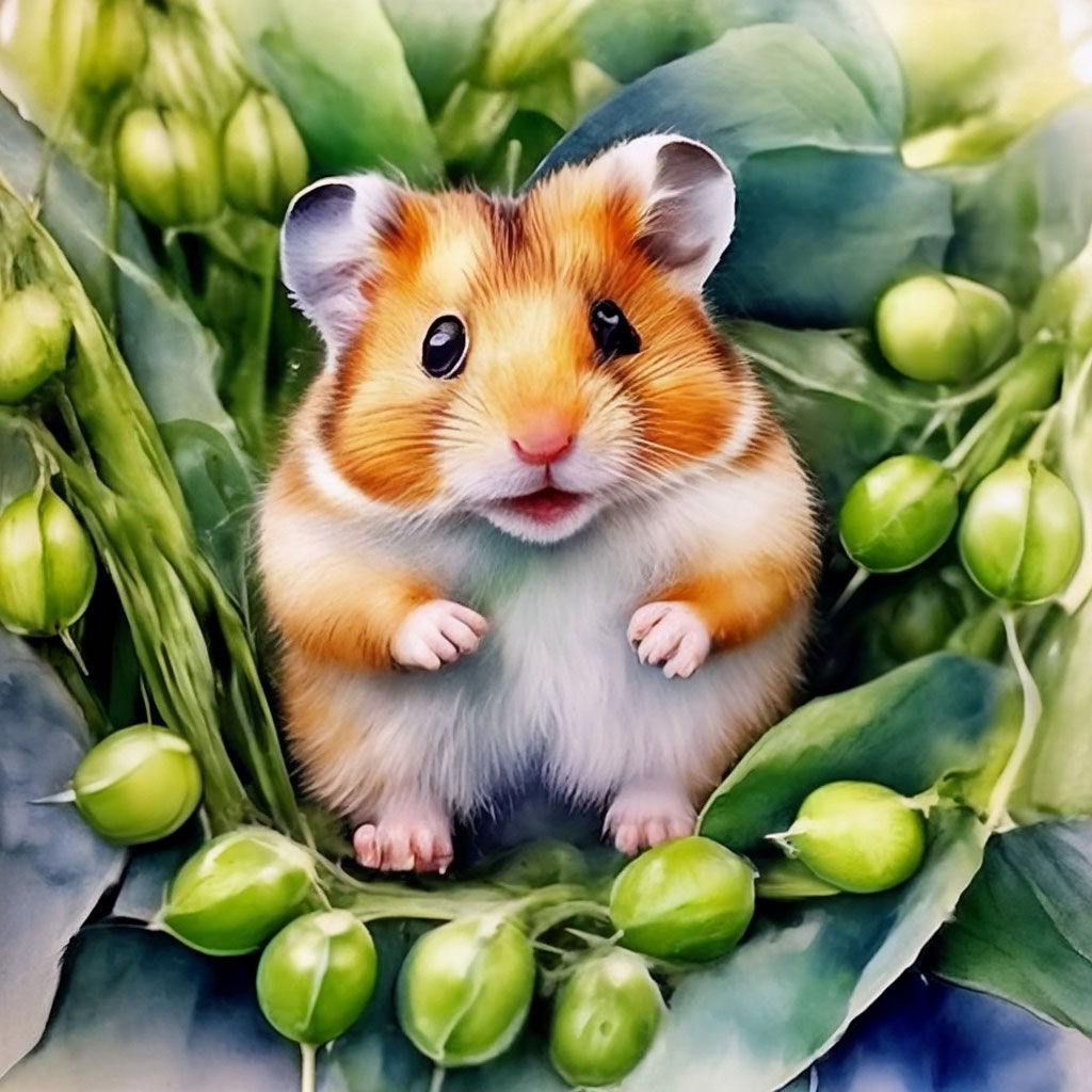 💫🌹 three-dimensional watercolor, beautiful little happy hamster in a thicket of peas, lots of leaves,lots of small details, hyperrealism, good photo 
