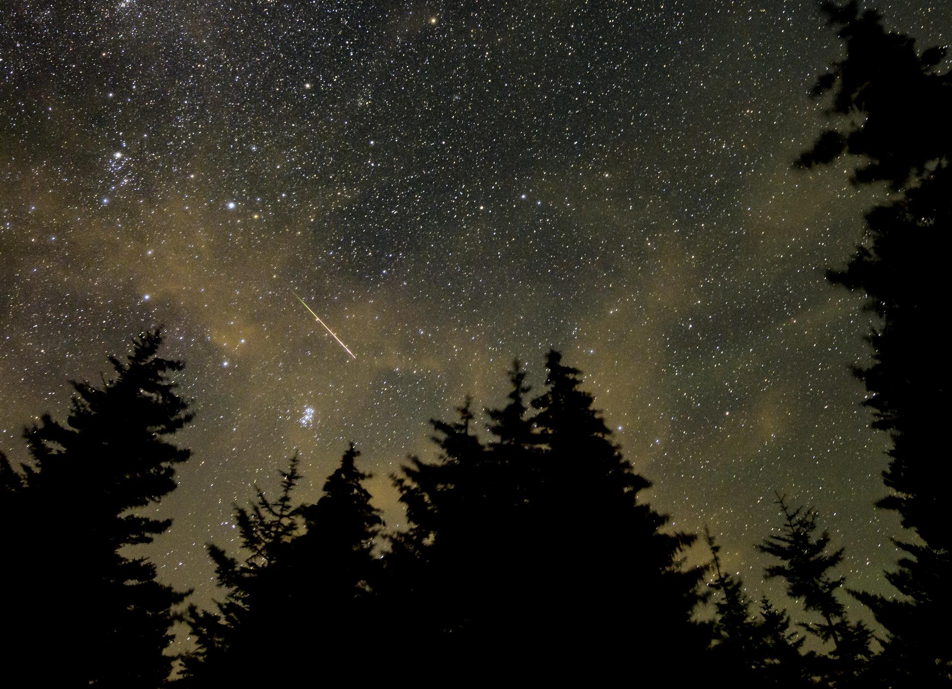 In this 30 second exposure, a meteor streaks across the sky during the annual Perseid meteor shower, Wednesday, Aug. 11, 2021, in Spruce Knob, West Virginia.