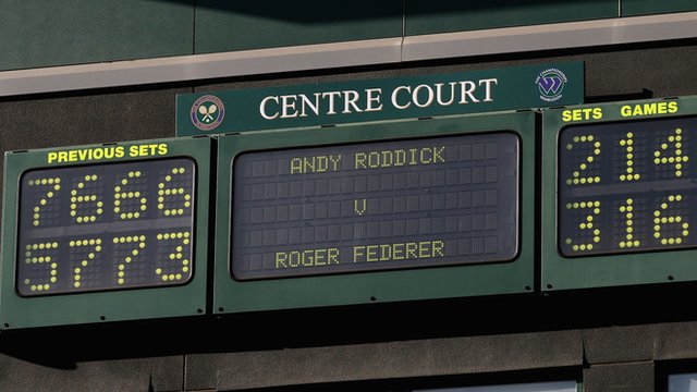 A view of the final scoreboard (score board) as Roger Federer of Switzerland defeats Andy Roddick of USA 5-7, 7-6, 7-6, 3-6, 16-14