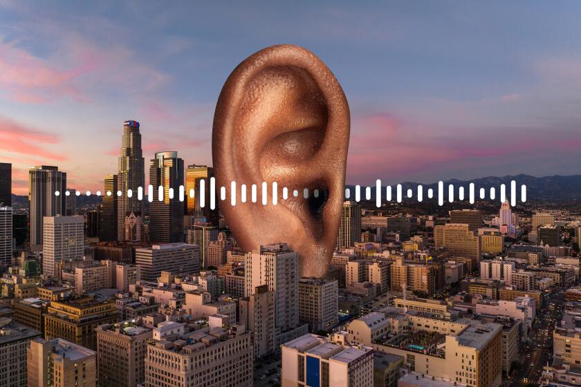 Photo illustration of the skyline of L.A. with a giant ear and audio lines.