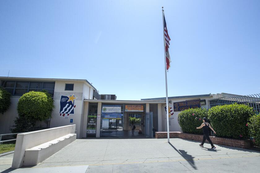 GLENDALE, CA-MAY 5, 2022: Overall, shows front entrance to Thomas Jefferson Elementary School in Glendale. A third-grade teacher at this school was reassigned after facing threats related to emails that were made public related to a lesson on Pride month in June of 2021. (Mel Melcon / Los Angeles Times)