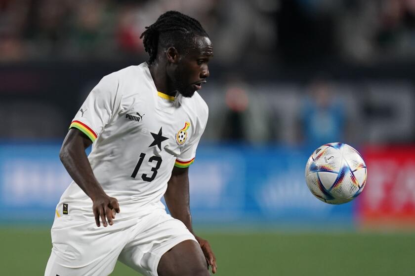 Ghana forward Joseph Paintsil looks at the ball during a match against Mexico on Oct. 14 in Charlotte, N.C.